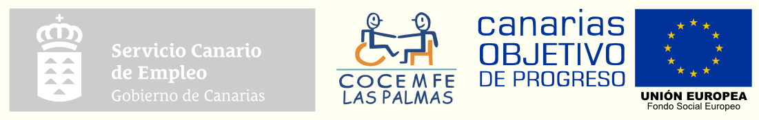 Logo de la 'Unión Europea - Fondo Social Europeo', 'El Servicio Canario de Empleo' y 'Cocemfe Las Palmas'