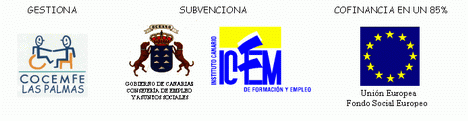 Imagen con los logos de las entidades, gestiona COCEMFE Las Palmas, Subvenciona, Gobierno de canarias, concejalía de empleo y asuntos sociales e instituto canario de formación y empleo ICFEM, Cofinancia en un ochenta por ciento, Unión Europea, Fondo Social